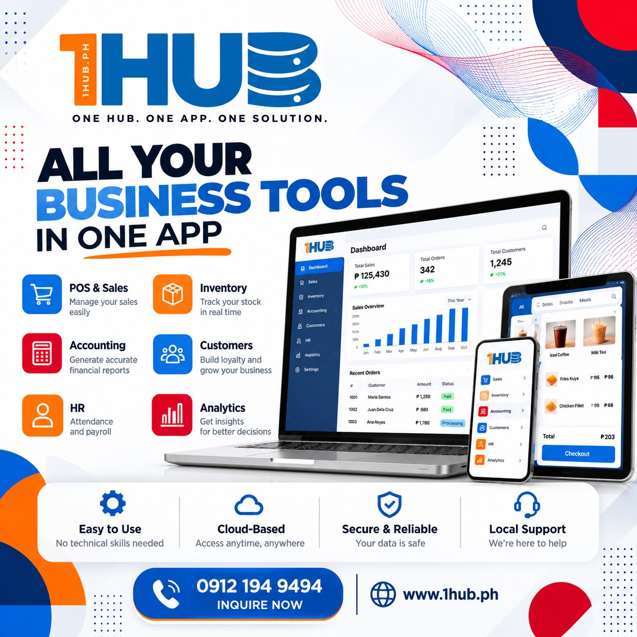 1HUB on a laptop, tablet and phone: POS and sales, inventory, accounting, customers, HR and analytics in one app